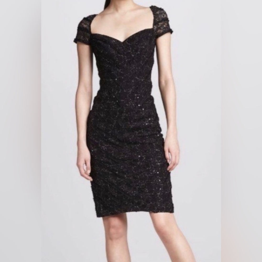 David Meister sz 12 Elegant Black Lace Dress euc silver shimmer lace sequins
